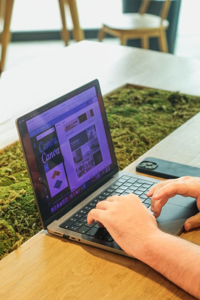 An adult using a laptop indoors with green decor, highlighting technology and work flexibility.
