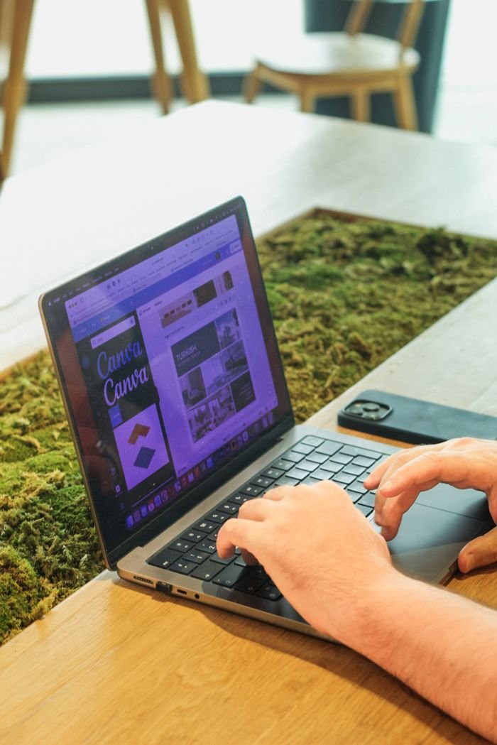 An adult using a laptop indoors with green decor, highlighting technology and work flexibility.